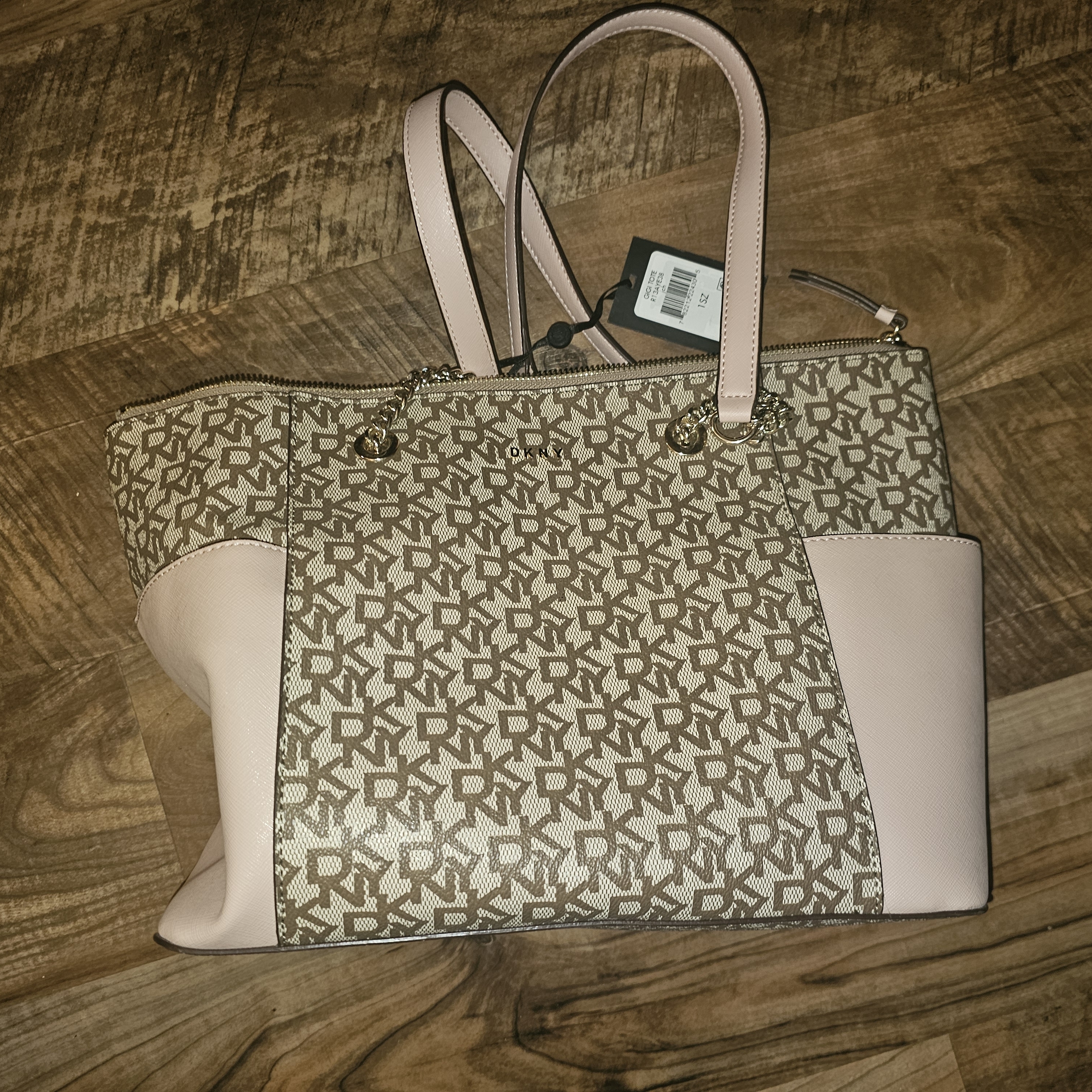 Dkny Gigi Pink And Brown Signature Tote With Gold Accents